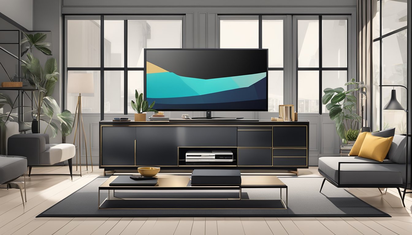 A sleek black TV console stands in a modern living room, surrounded by stylish furniture and decor. The console is adorned with a large flat-screen TV and various electronic devices, creating a sophisticated and enjoyable shopping experience for the customer