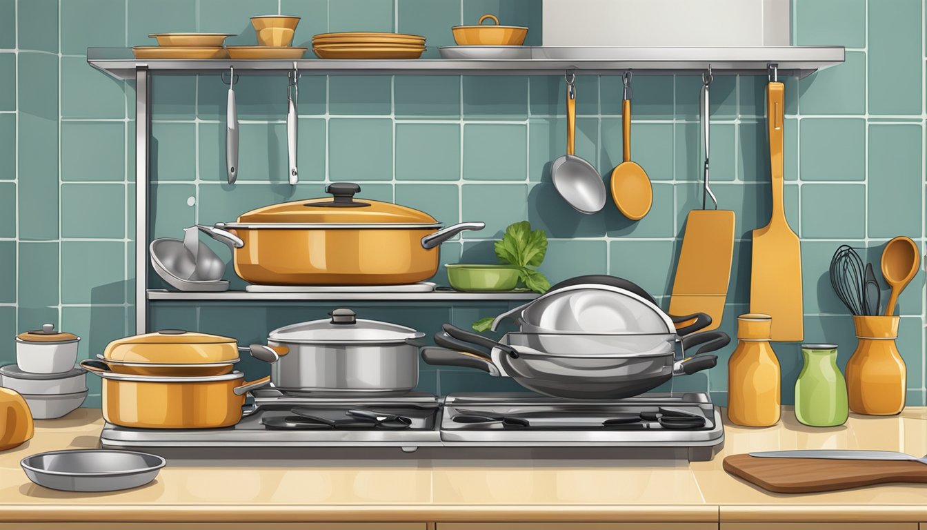 A kitchen trolley filled with pots, pans, and utensils sits against a tiled backsplash, with a cutting board and knife resting on top