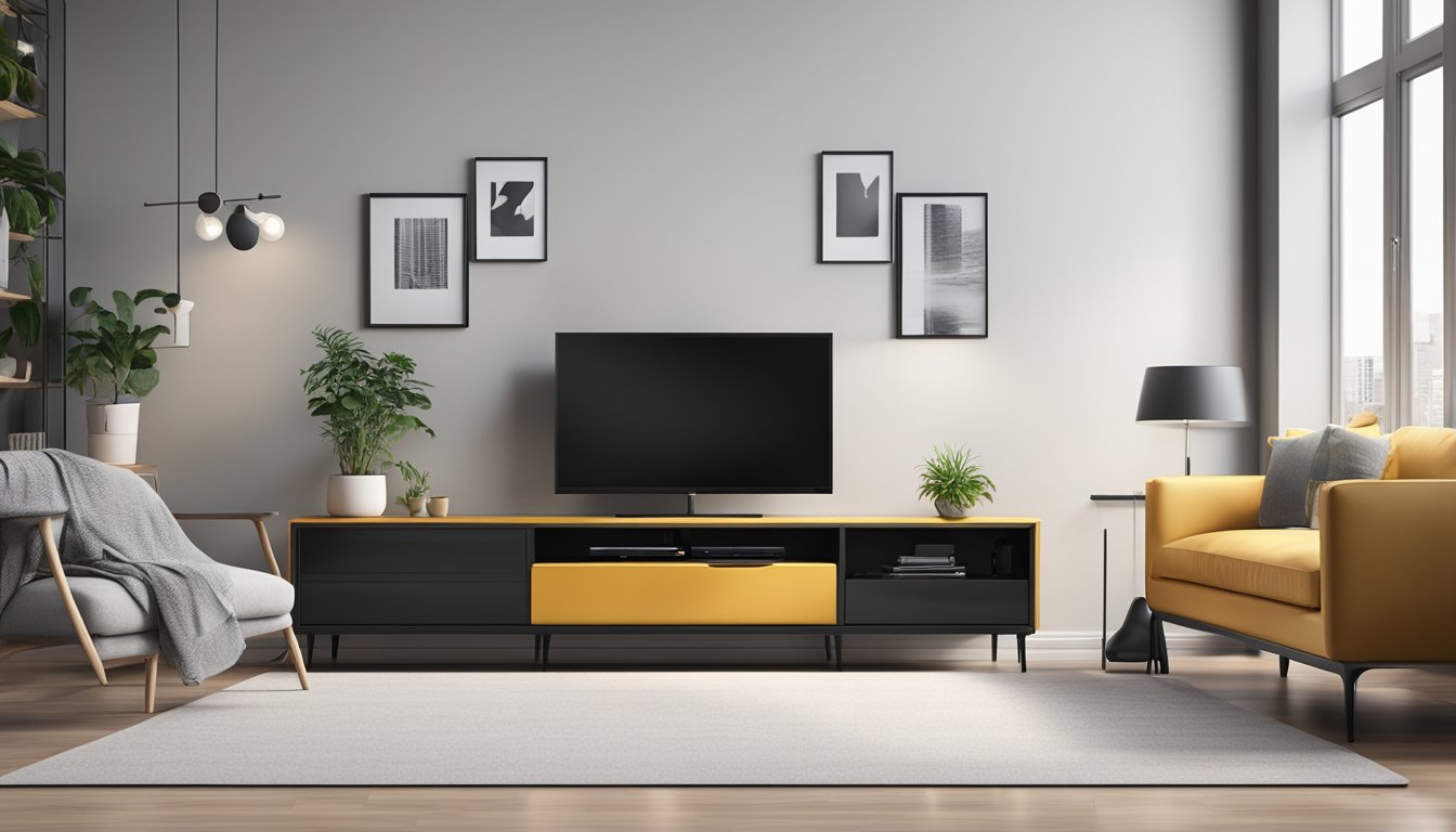 A sleek black TV console in a modern living room, with shelves for electronics and compartments for storage