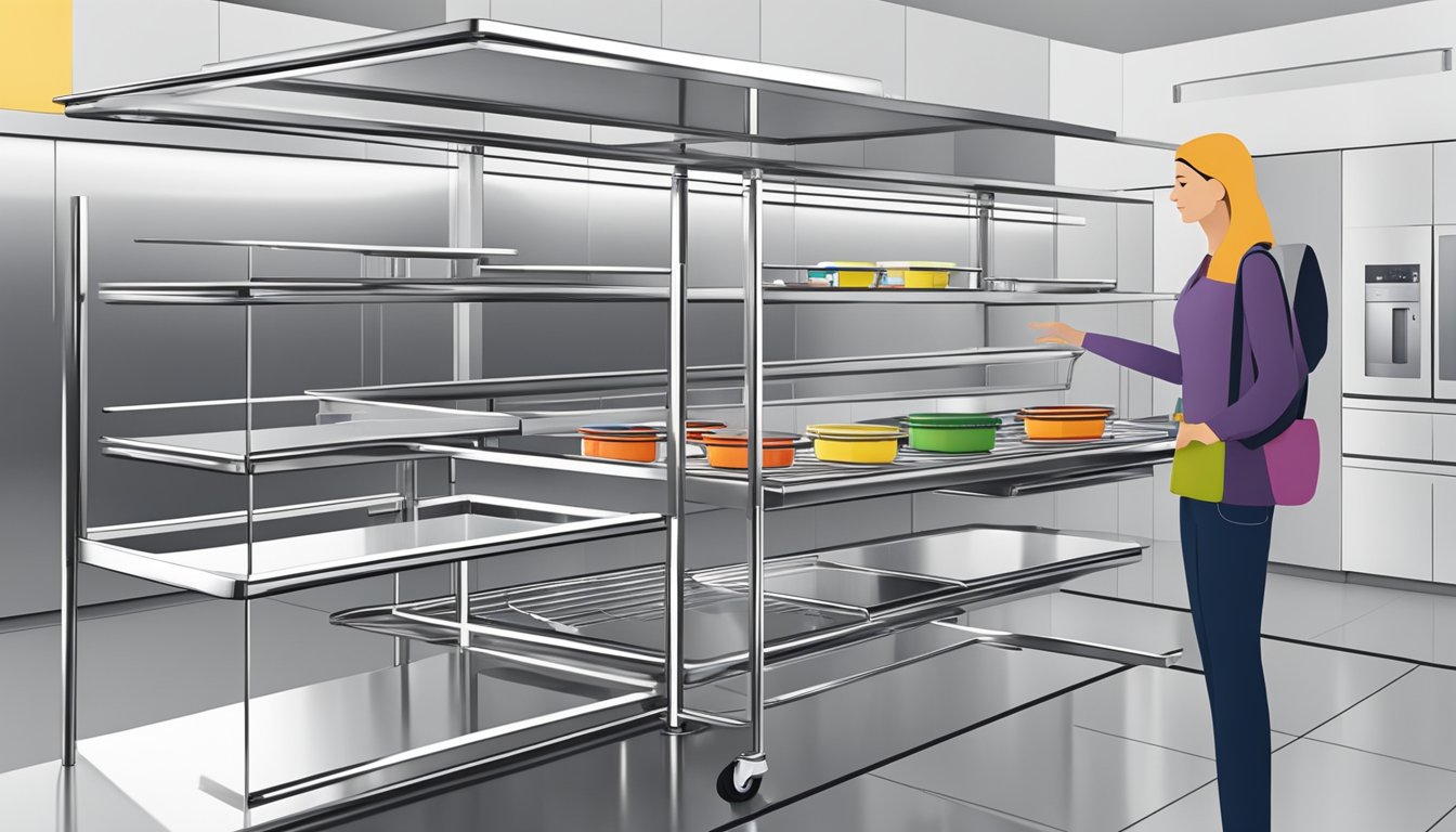 A customer carefully selects a sleek, stainless steel kitchen trolley from a display of various designs and sizes