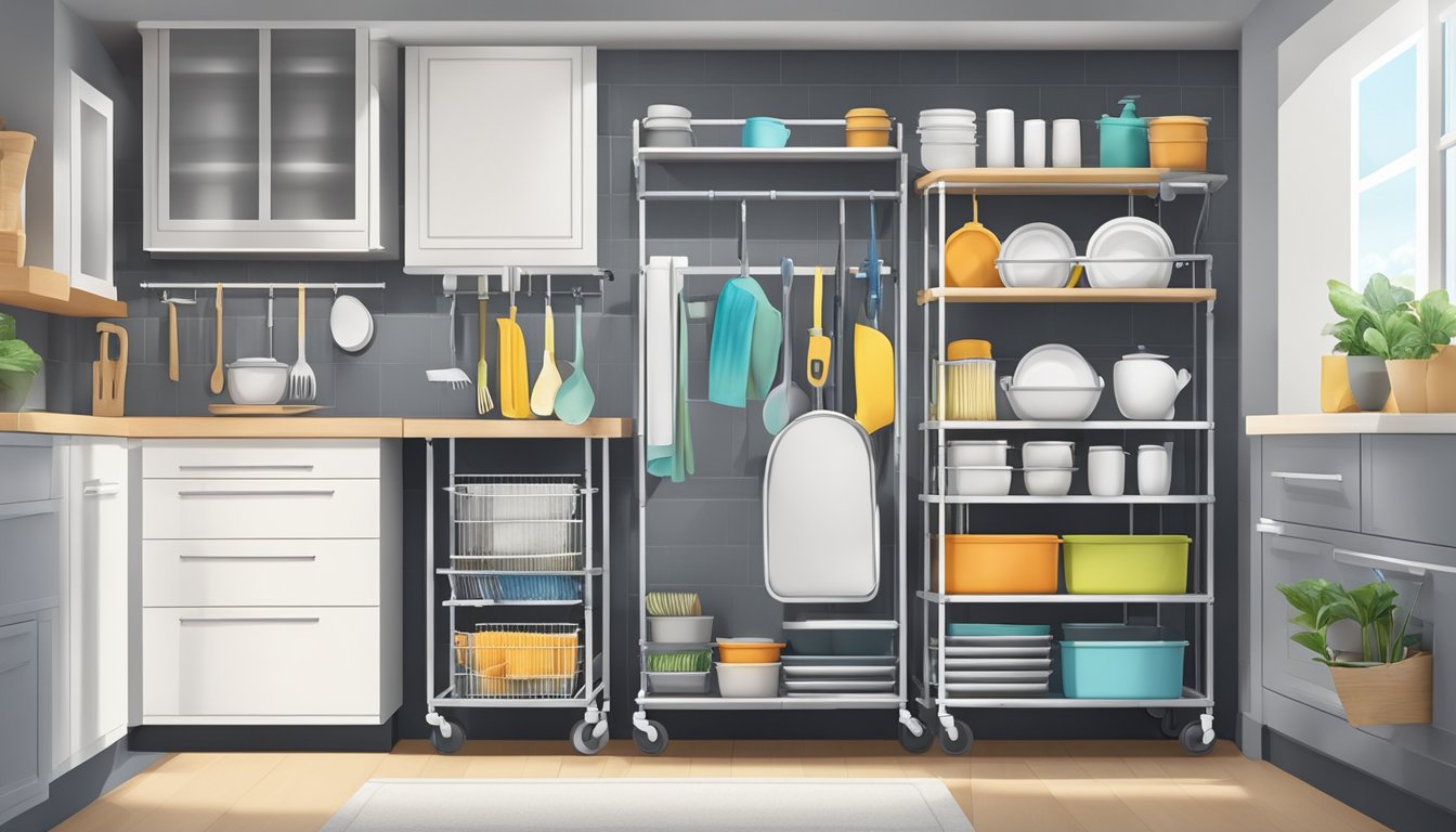 A kitchen trolley with clean, organized shelves and drawers. A cloth hangs from the side, and cleaning supplies are neatly stored underneath