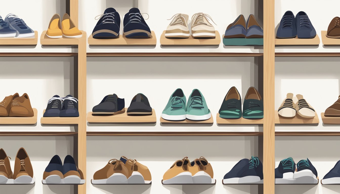 A wooden shoe rack stands against a white wall, holding various pairs of shoes neatly organized and displayed