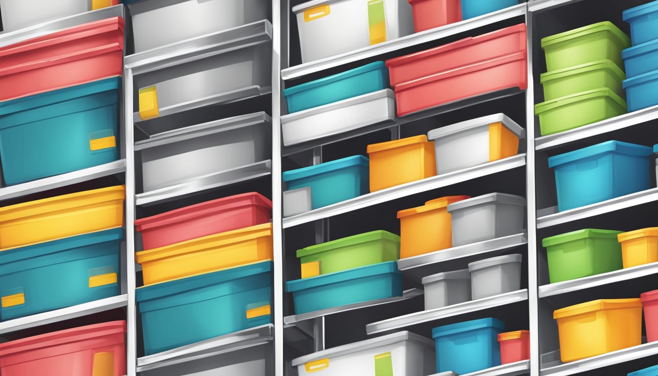 Several storage boxes with lids neatly stacked on shelves