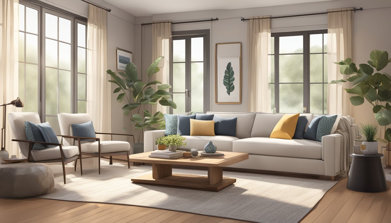 A cozy living room with a sleek, modern sofa in the center, surrounded by soft, neutral-colored throw pillows. A warm, inviting atmosphere with natural light streaming in through the windows