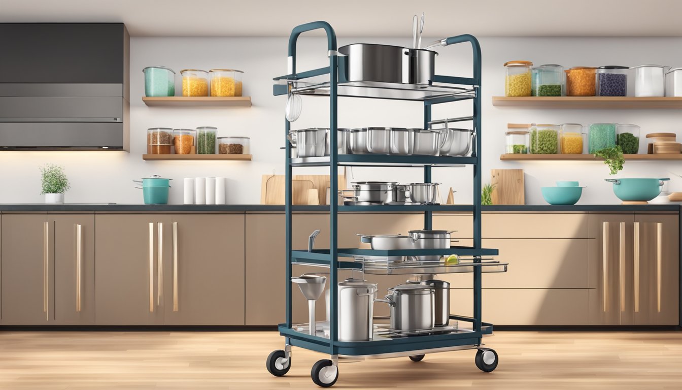 A sleek, modern kitchen trolley with multiple shelves and compartments, neatly organized with various kitchen utensils and appliances