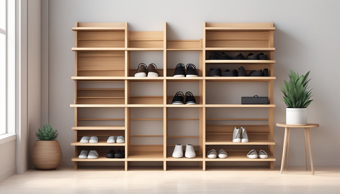 A wooden shoe rack stands against a white wall, with shelves and a simple, minimalist design