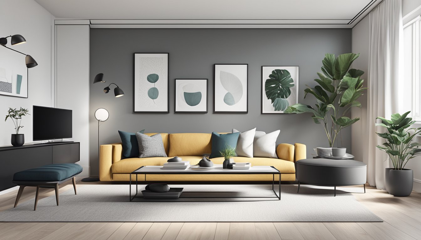 A modern living room with a sleek, black TV console table against a white wall, adorned with minimalist decor and surrounded by comfortable seating