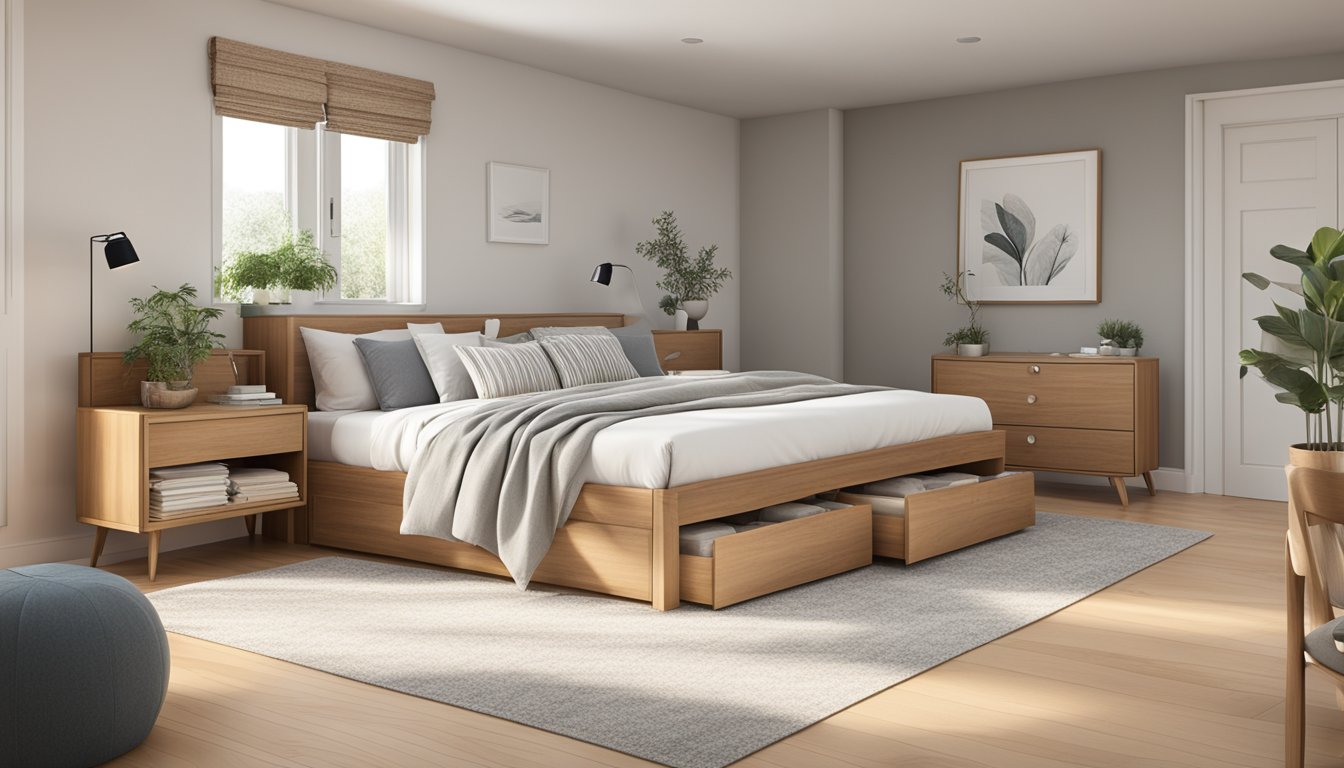 A wooden bed with built-in storage drawers underneath, positioned against a plain wall with a soft, neutral-colored bedding and a few decorative pillows arranged neatly on top