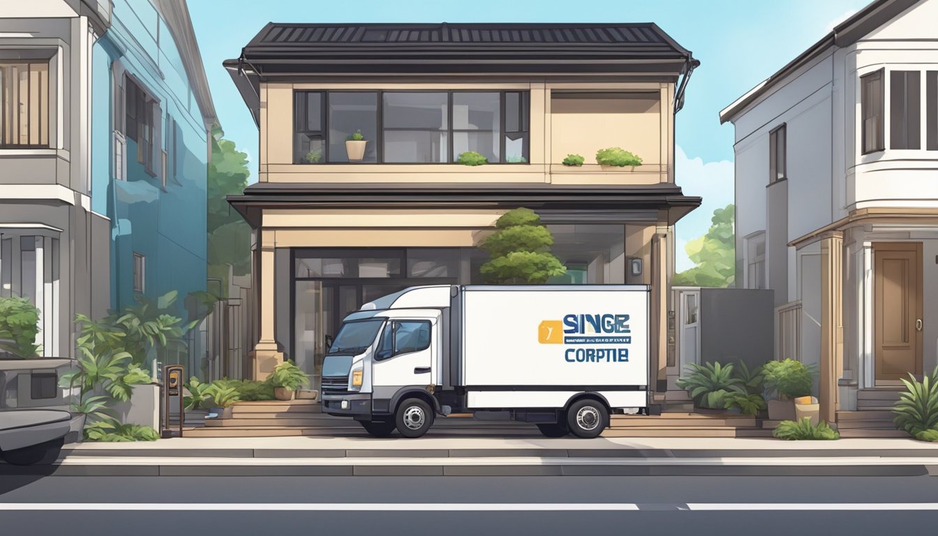 A delivery truck unloads a new sofa outside a modern Singaporean home. A person inside signs for the purchase