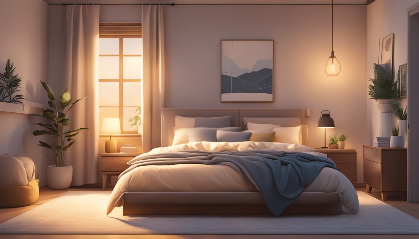 A cozy bedroom with a plush mattress, soft pillows, and a warm comforter. The room is dimly lit with a soft glow, creating a peaceful and relaxing atmosphere