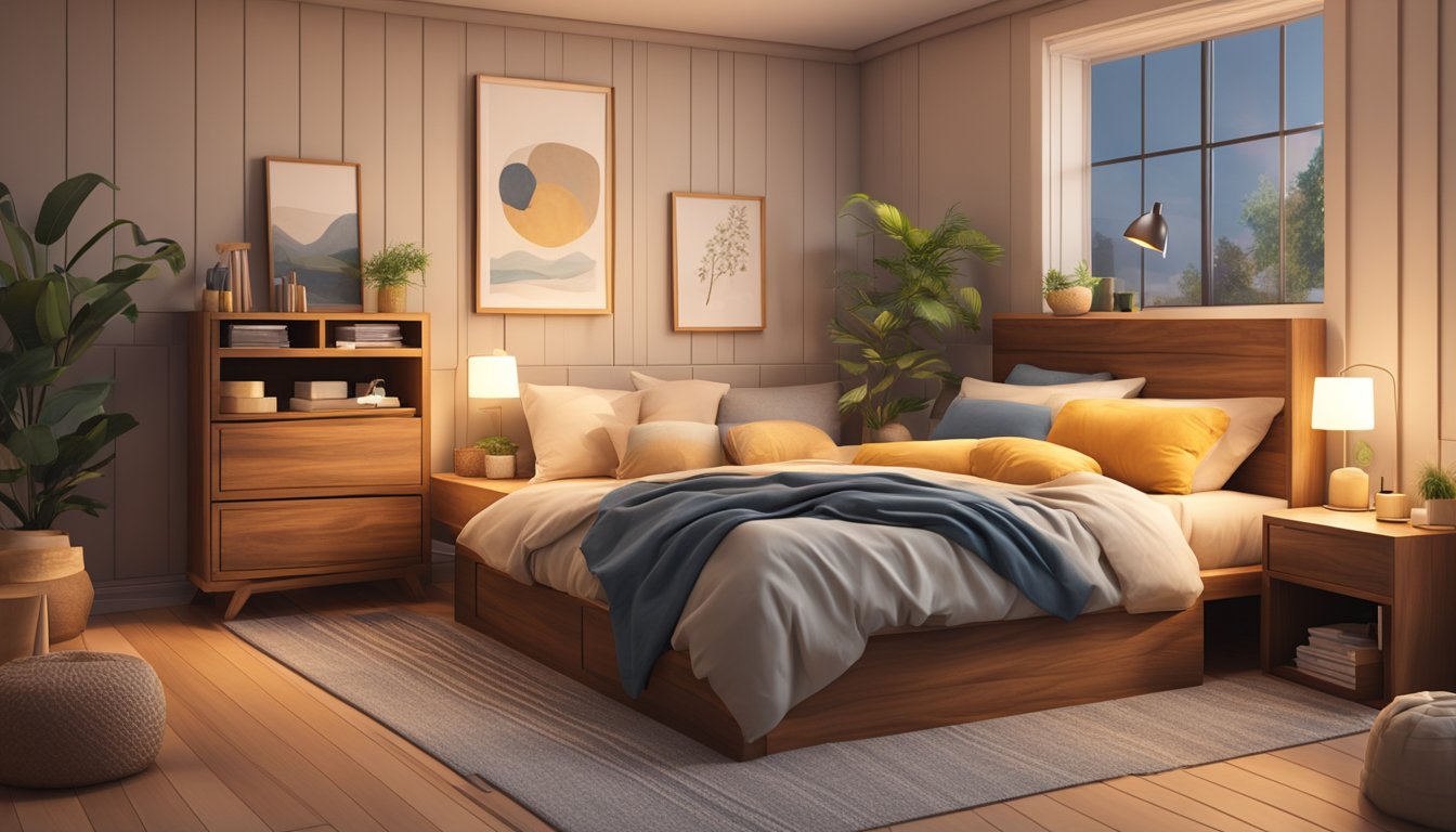 A wooden bed with storage drawers sits in a cozy bedroom, surrounded by warm lighting and decorative pillows