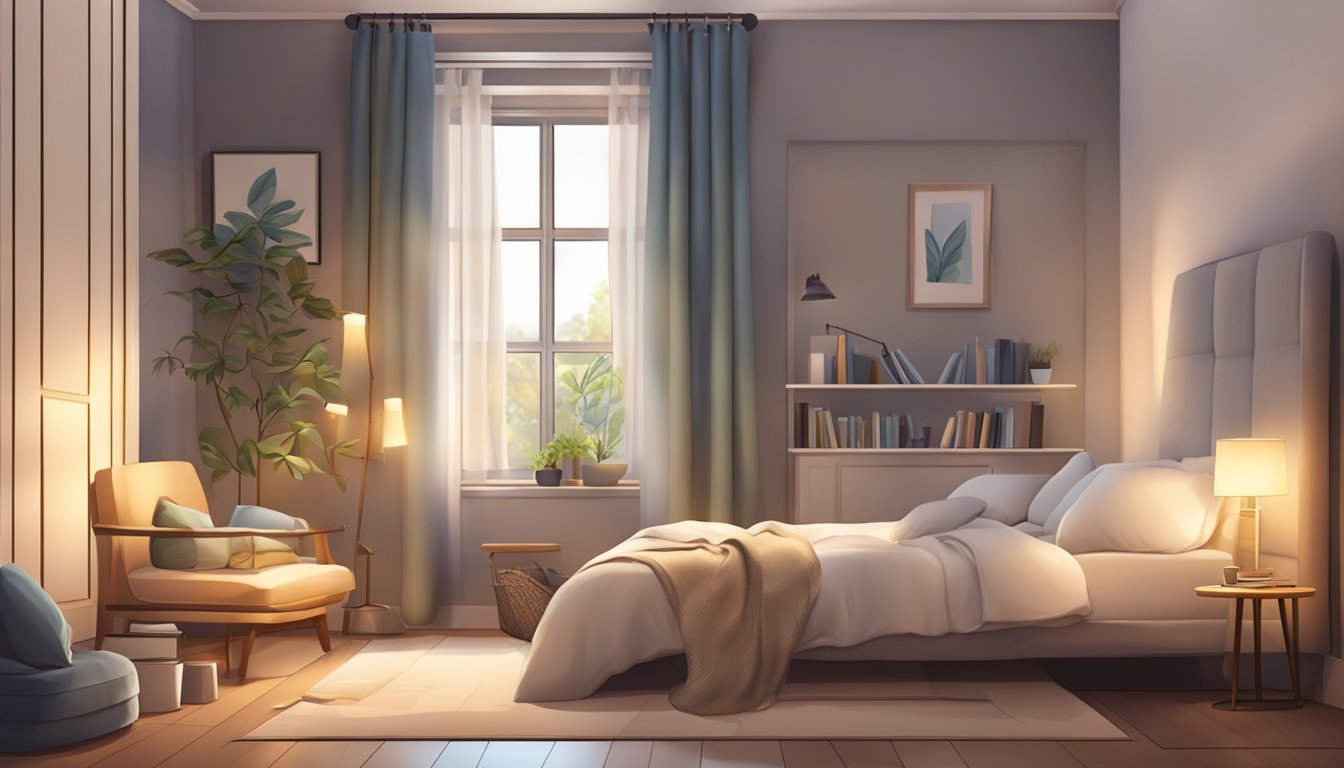 A cozy bed with soft pillows and warm blankets, a peaceful room with dim lighting and a serene atmosphere
