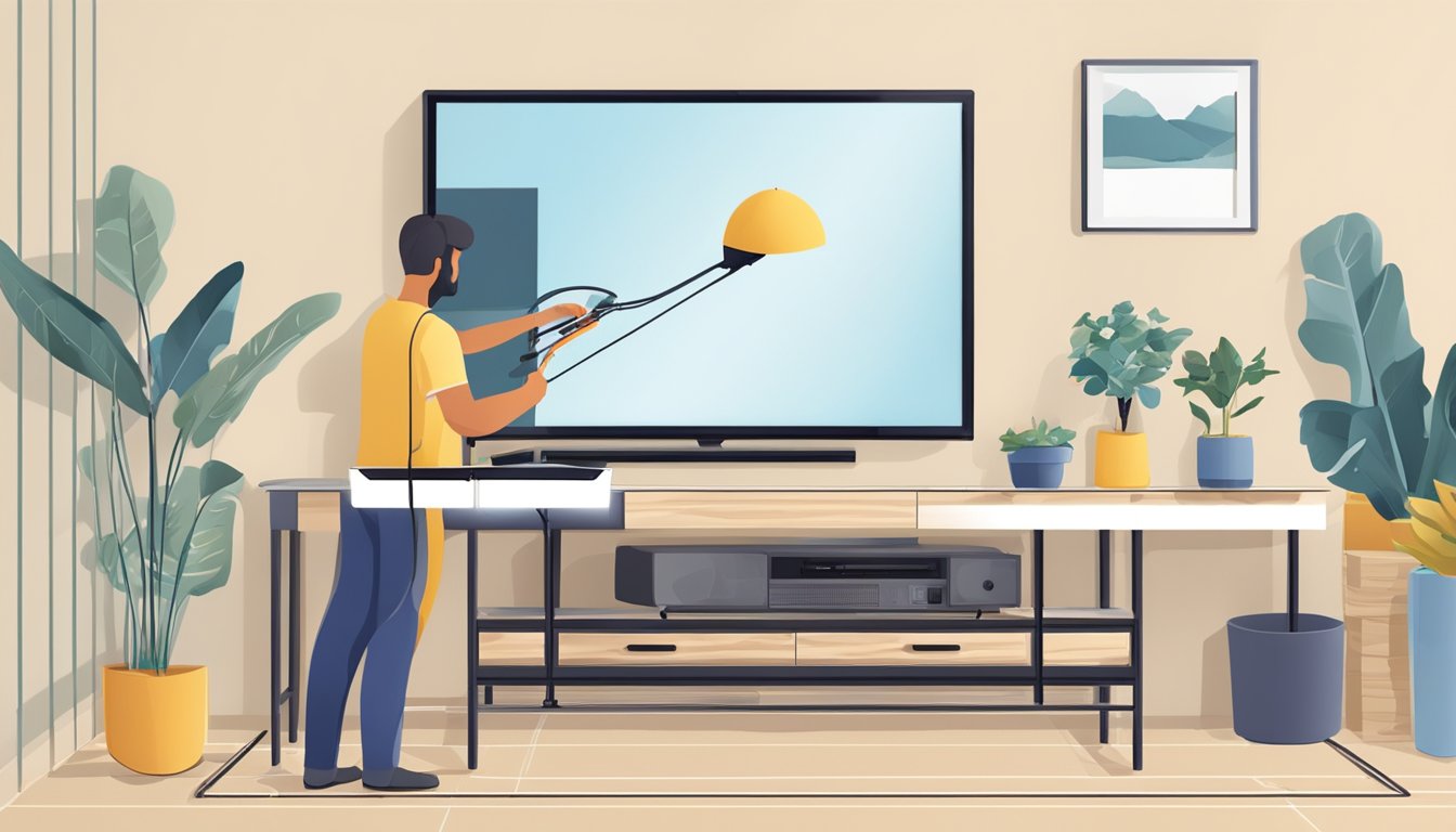 A person is installing a TV console table, using tools to secure it to the wall and connecting cables to the TV and other devices