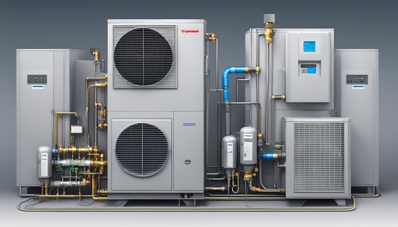 An air conditioning system consists of a compressor, condenser, expansion valve, and evaporator connected by refrigerant lines and powered by an electrical control panel