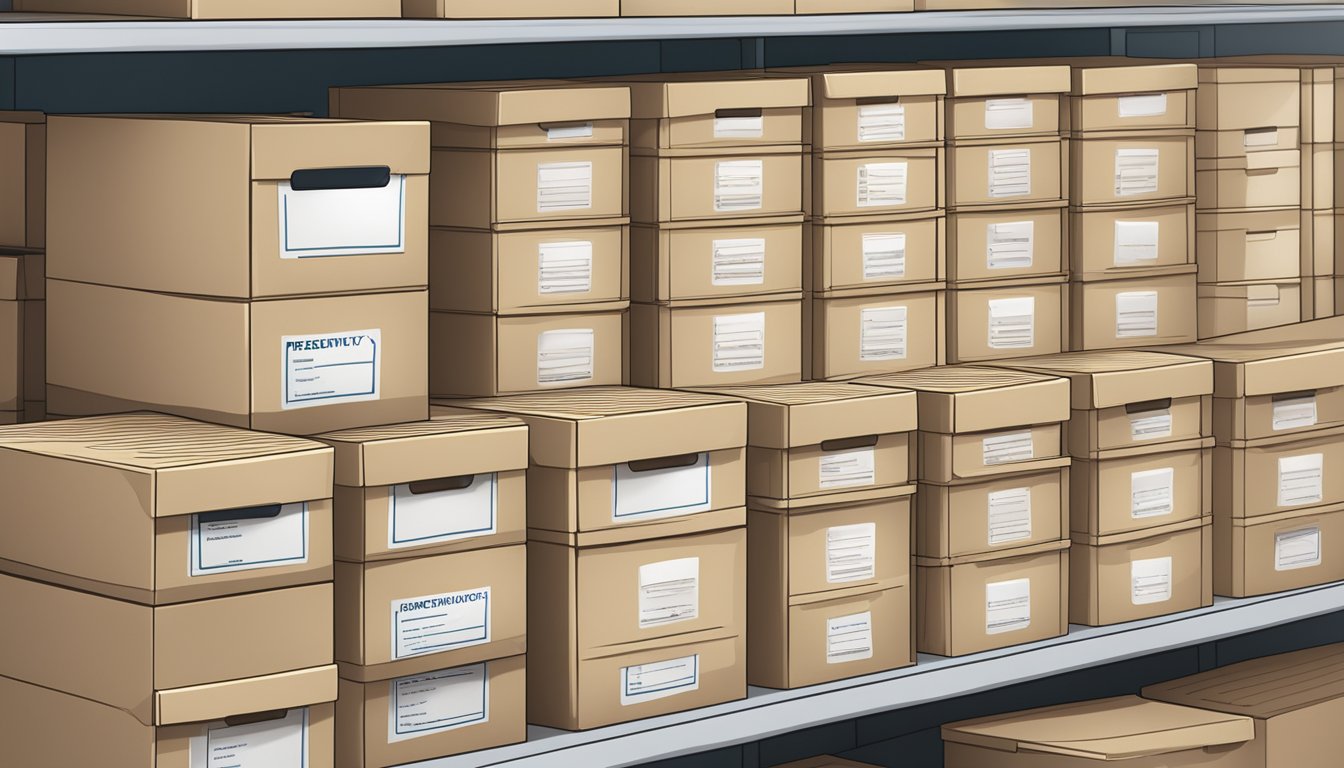 A stack of labeled storage boxes with lids, neatly organized on a shelf, with a "Frequently Asked Questions" label visible on the front of each box