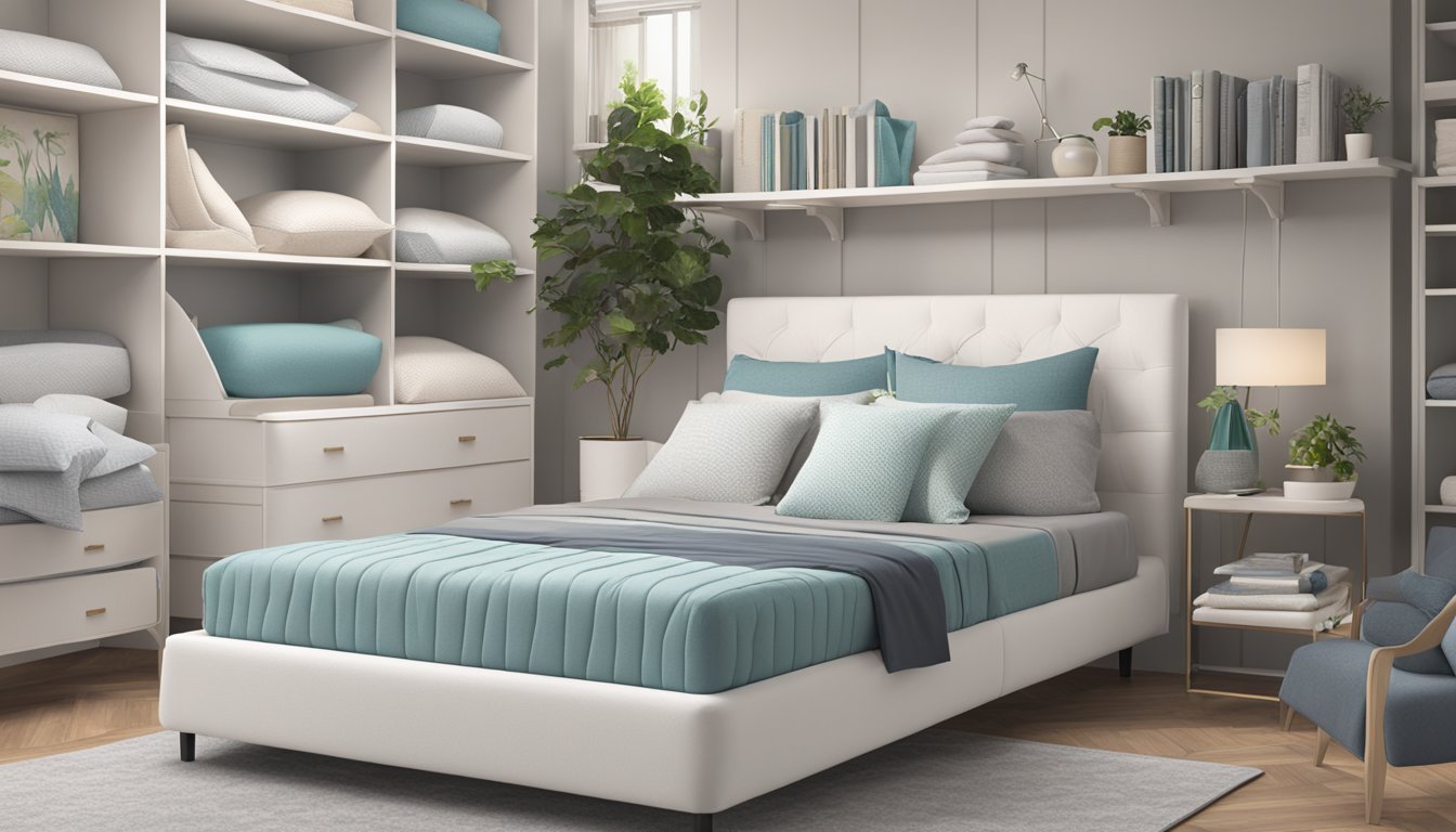 A variety of Sofzsleep products displayed on shelves, including mattresses, pillows, and bedding. Bright, inviting atmosphere with clean, modern design