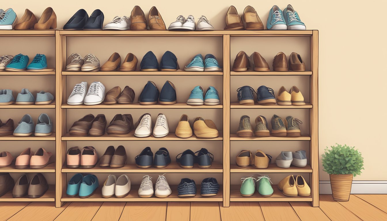 A wooden shoe rack with neatly organized shoes, surrounded by question marks and a "Frequently Asked Questions" sign