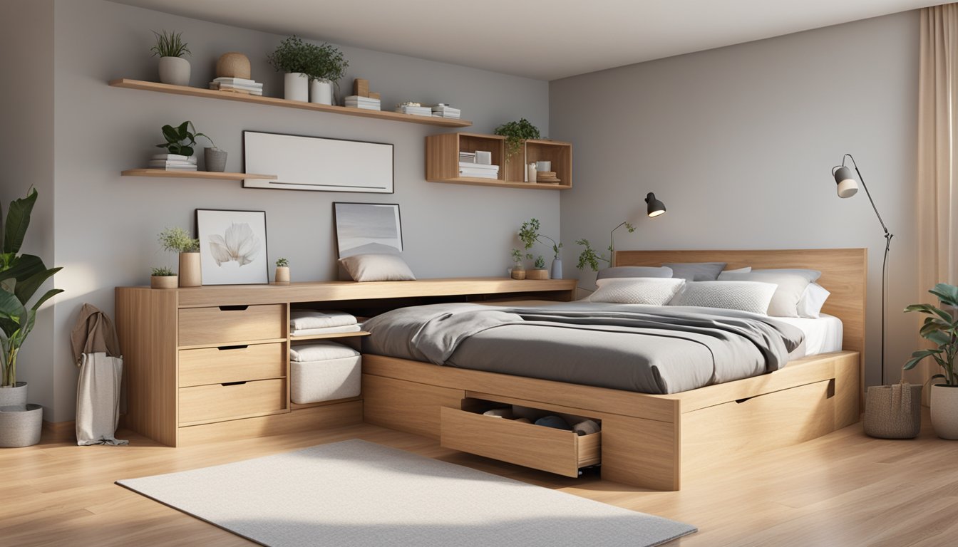 A wooden bed with built-in storage sits in a spacious, well-lit bedroom. The bed is neatly made with crisp linens, and the storage compartments are open to show their functionality