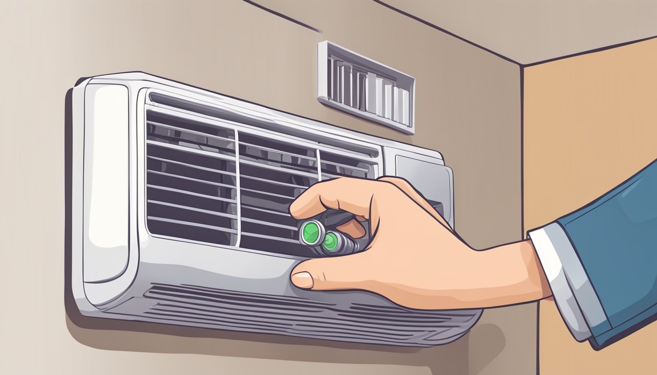 A hand adjusting a thermostat on a modern air conditioning unit, with cool air flowing out and creating a comfortable environment
