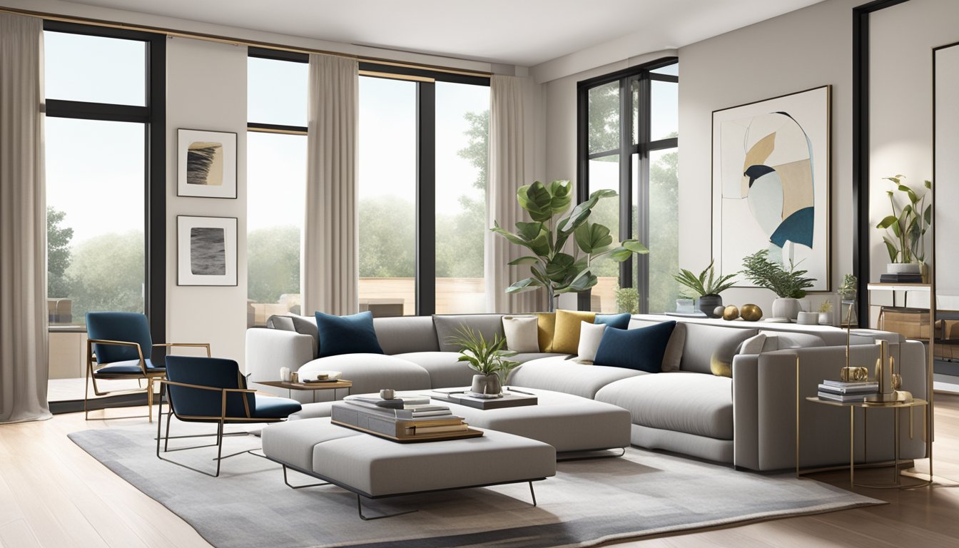 A sleek, modern living room with clean lines, neutral colors, and pops of vibrant accents. The space is filled with natural light and features luxurious, high-quality furniture and artfully curated decor