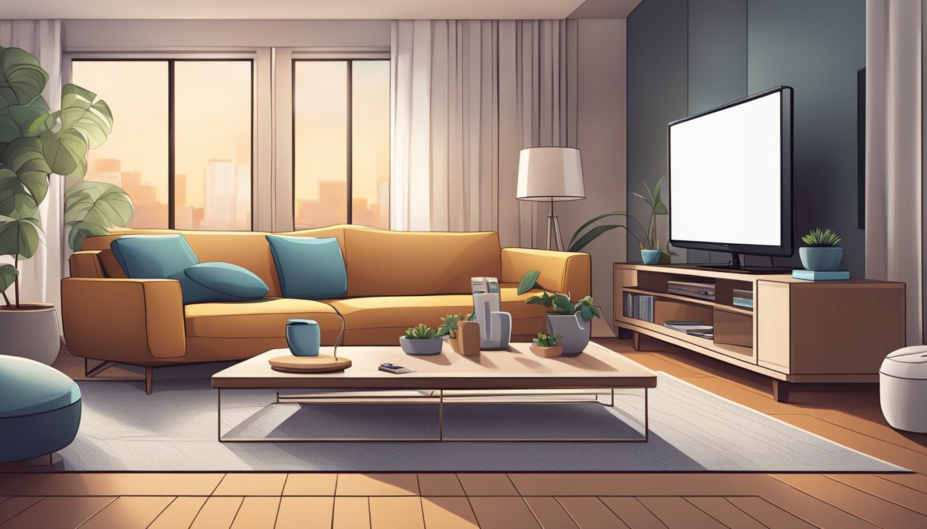 A TV table with a sleek, modern design, holding a flat-screen television and various electronic devices, surrounded by a comfortable sofa and a cozy rug