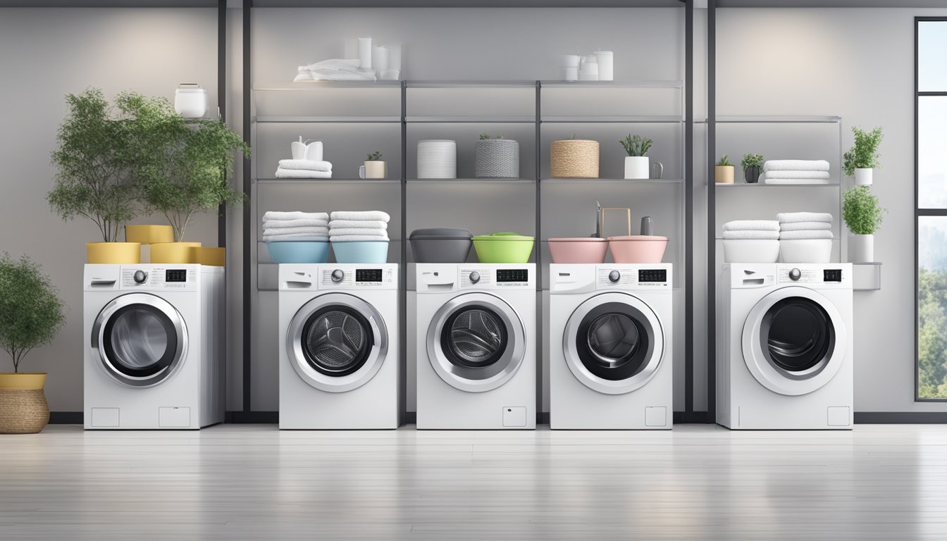 Various washing machine brands lined up in a bright, spacious showroom. Each machine is displayed with its unique features and sleek design