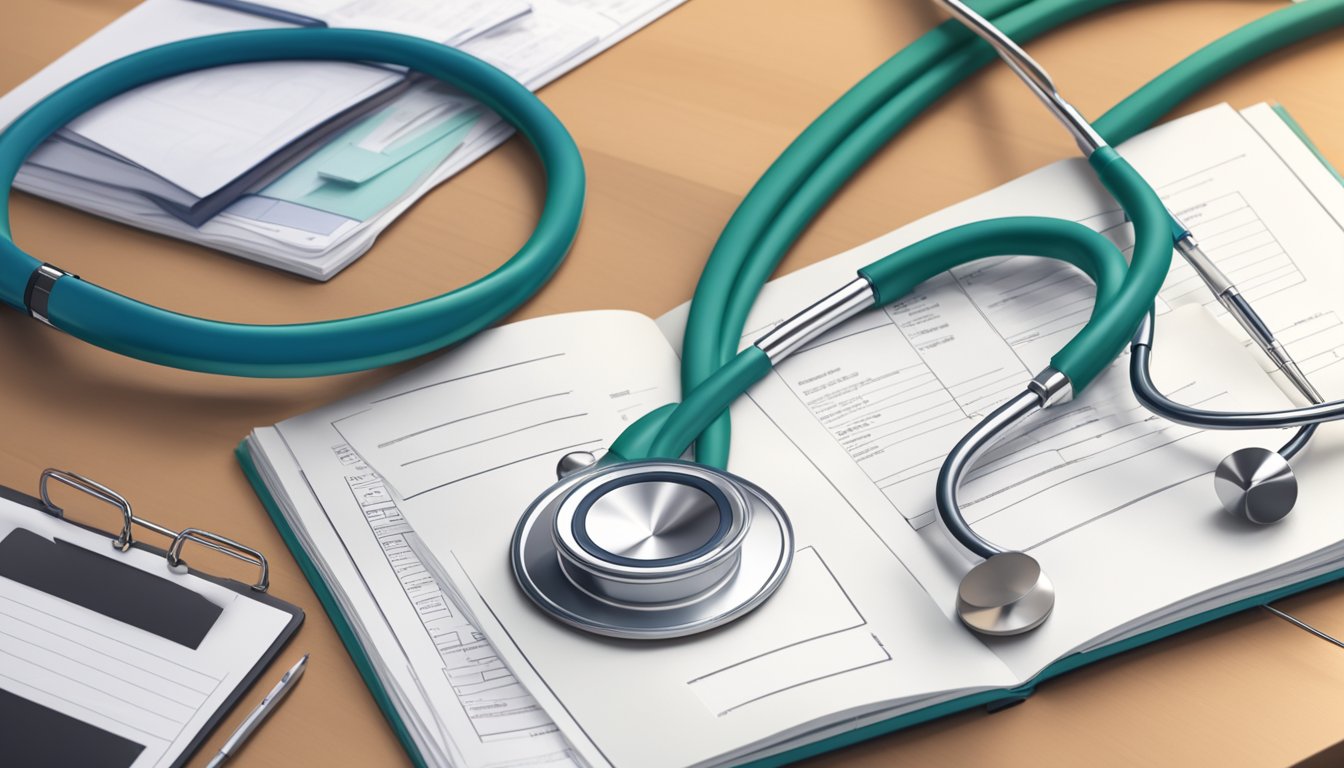 A stethoscope and a stack of cardiology journals on a desk, symbolizing the importance and impact of cardiology research in the medical field