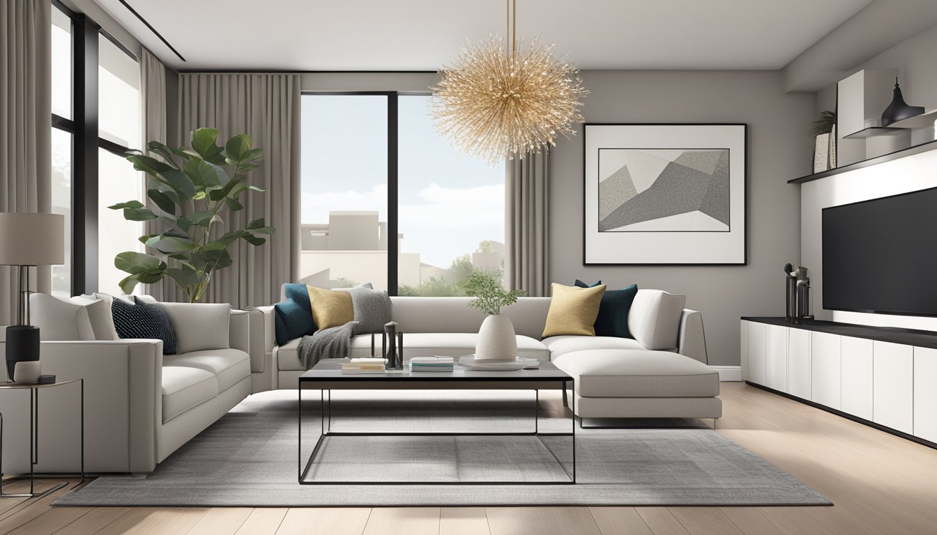 A modern living room with sleek furniture and a statement chandelier. Neutral color palette with pops of bold accents. Clean lines and minimalist decor