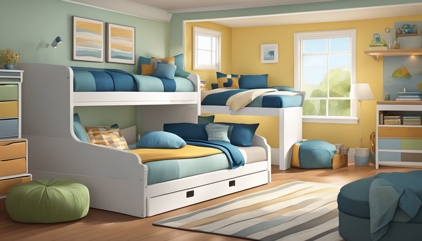 A trundle bed sits beneath a larger bed, ready to be pulled out for additional sleeping space. The room is tidy and well-lit, with cozy bedding and decorative pillows on both beds