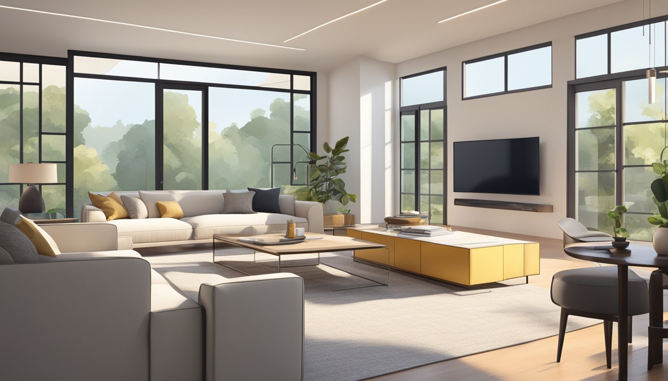 A modern living room with sleek furniture, neutral colors, and natural light streaming in through large windows, creating a sense of spaciousness and tranquility