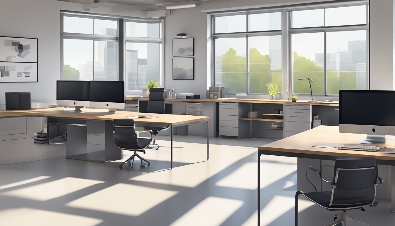 A sleek, modern office space with minimalist furniture and pops of color. Clean lines and natural light create a sense of sophistication and style