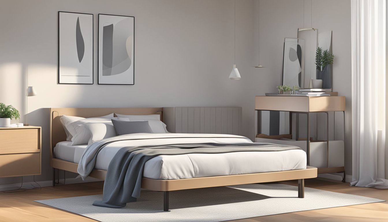 A bed frame with a pull-out bed, positioned in a well-lit room with minimalistic decor and clean lines