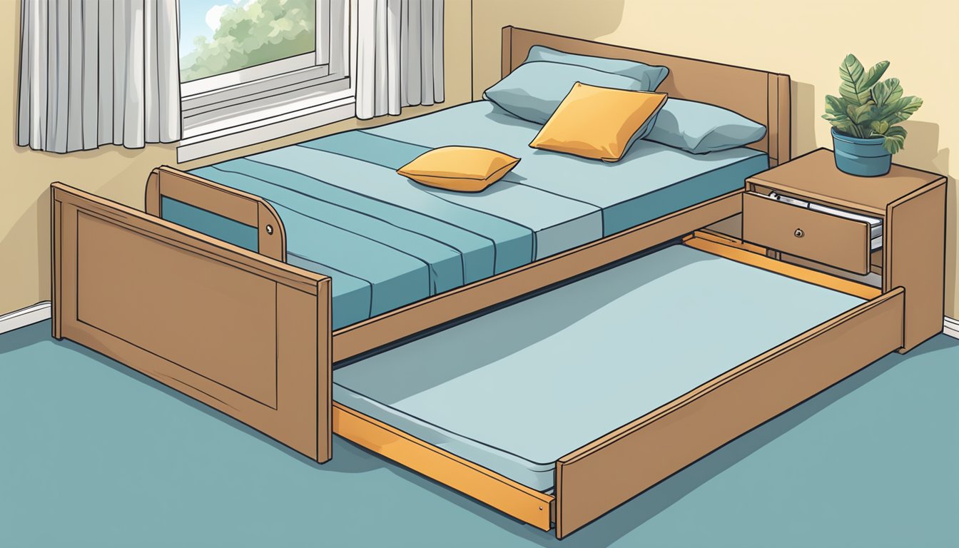 A person pulls out a trundle bed from under a larger bed, revealing its smooth, sleek design and convenient functionality