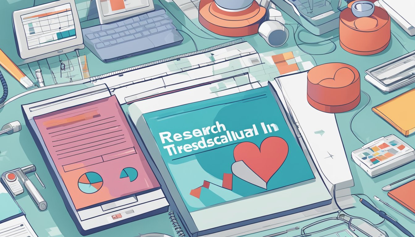 A stack of cardiology journals with "Research Trends in Cardiovascular Disease" on the cover, surrounded by medical equipment and a computer displaying heart-related data
