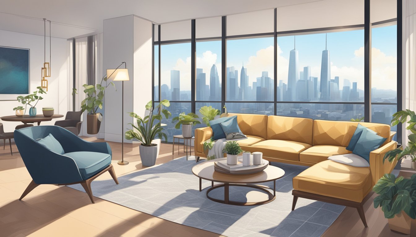 An interior designer arranging furniture and decor in a modern, spacious living room with large windows and a view of the city skyline