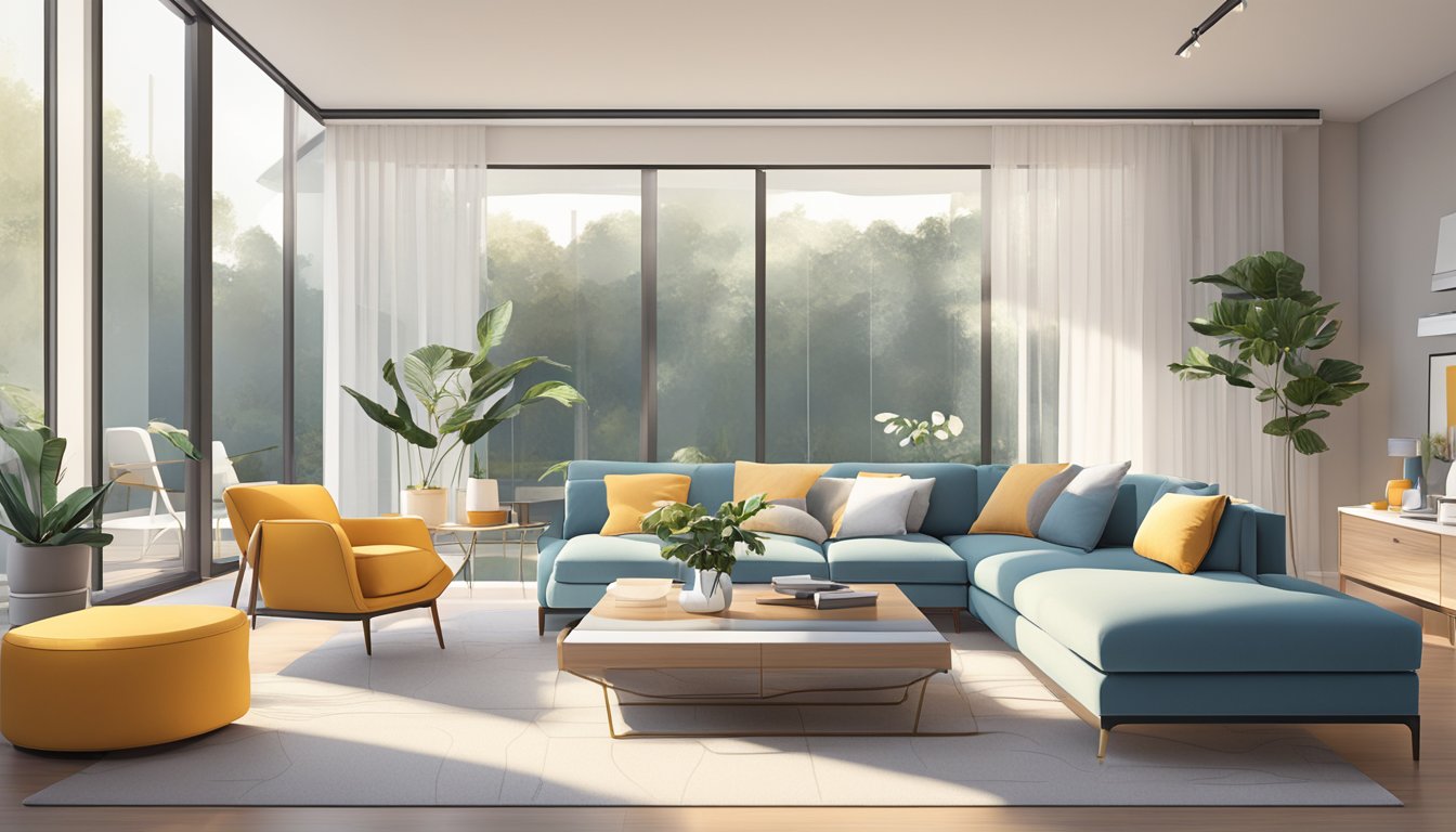 A sleek, modern living room with minimalist furniture and a pop of color. The space is filled with natural light, creating a warm and inviting atmosphere