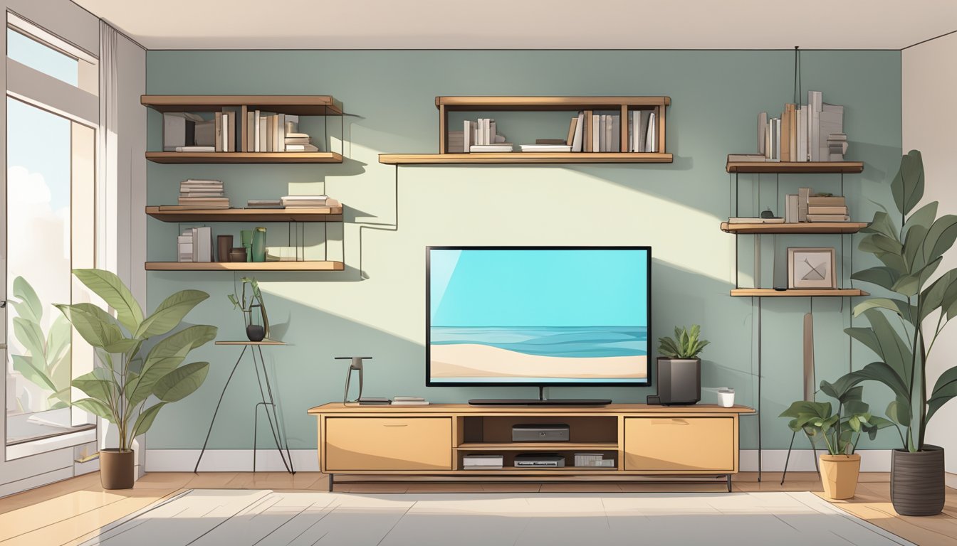 A TV table with adjustable shelves and hidden cable management sits in a clean, well-lit living room. A screwdriver and instruction manual lay nearby