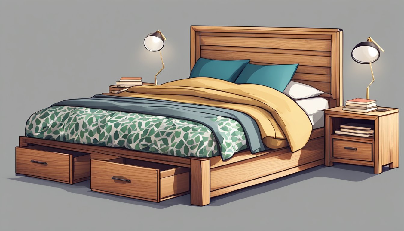 A wooden bed with built-in storage drawers, neatly made with a patterned duvet and pillows. A bedside table with a lamp and a stack of books