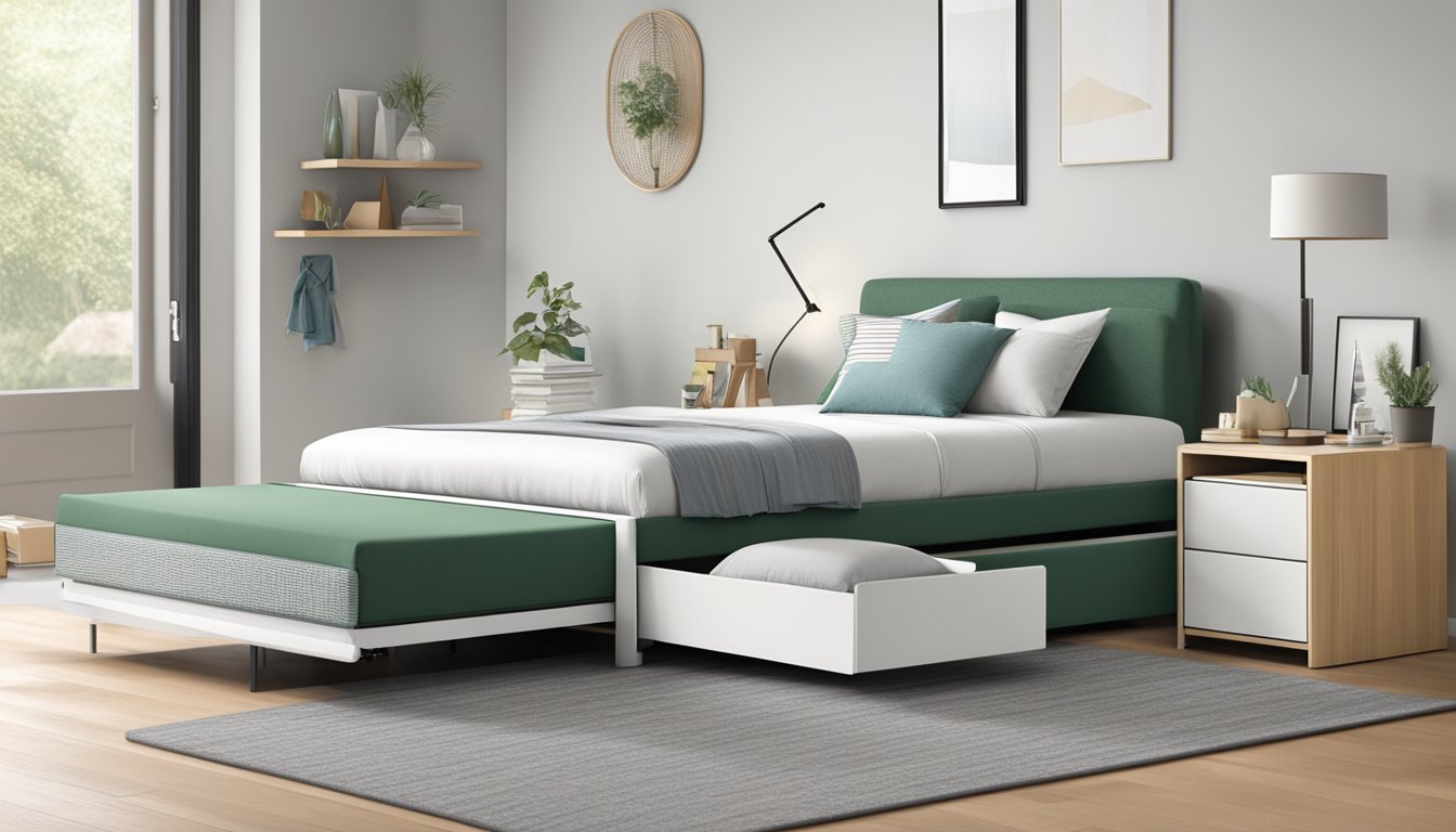 A modern bed frame with a pull-out bed, featuring sleek lines and hidden functionality
