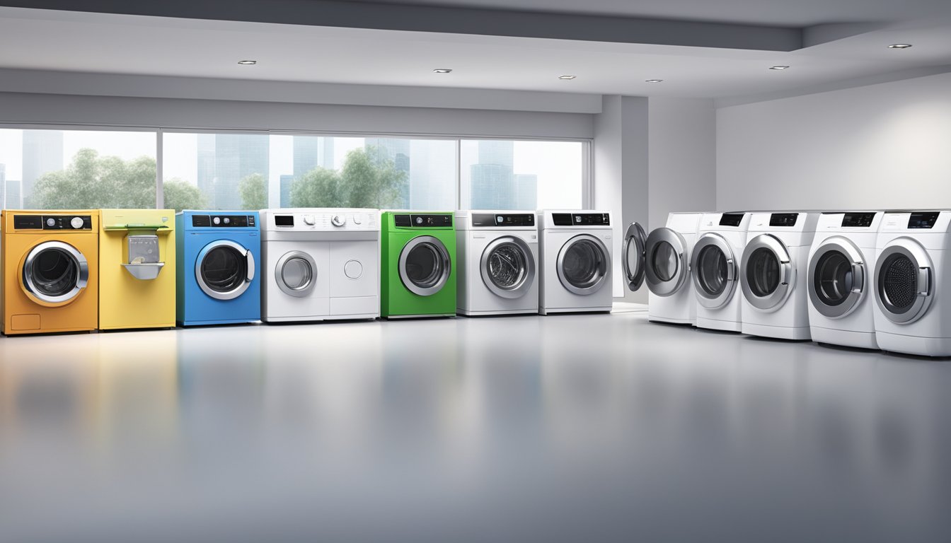 Various washing machine brands lined up in a showroom, each with unique features and designs. Bright lights highlight the sleek exteriors and digital displays, inviting customers to explore their options
