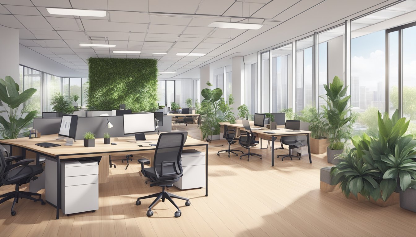 A modern, open-concept office with flexible workstations, natural light, and greenery. A variety of seating options, collaborative areas, and private meeting spaces