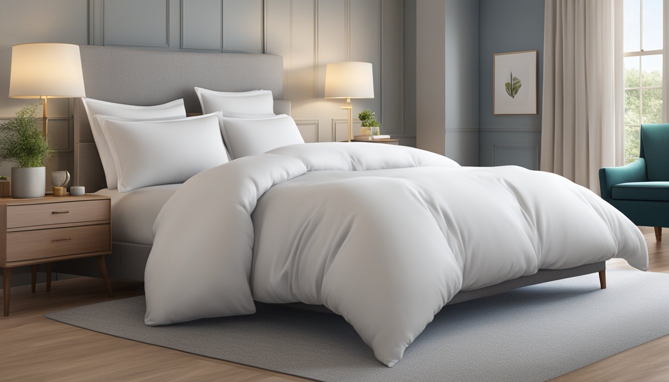 A fluffy pillow sits on a bed, perfectly plumped and inviting. Its smooth fabric and gentle curves beckon for a restful night's sleep