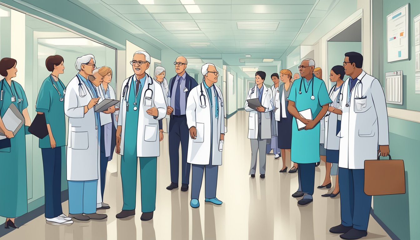 A senior cardiologist answering questions in a busy hospital hallway