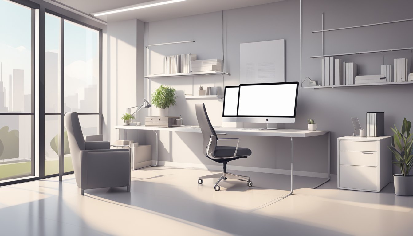 A sleek, modern office space with a clean, minimalist design. A large desk with a computer and sleek furniture. Bright lighting and neutral color palette