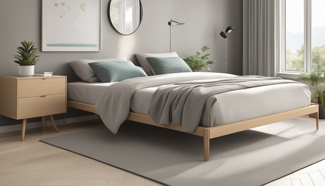 A bed frame with a pull-out bed, positioned in a well-lit room with minimalistic decor and neutral colors
