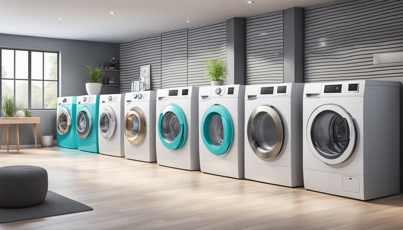 A row of sleek, modern washing machines lined up in a bright, spacious showroom, each displaying different brand names and features