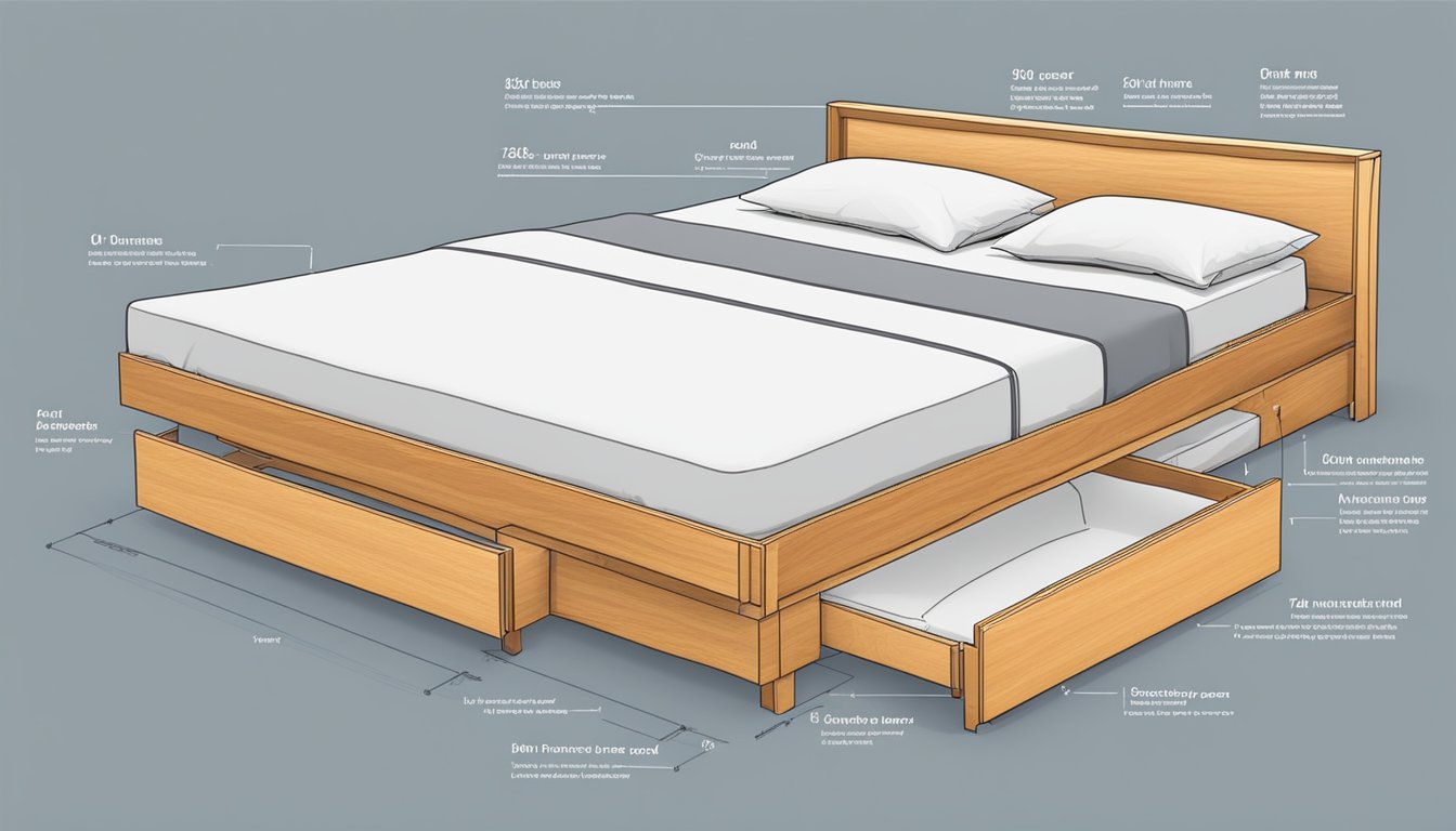 A modern bed frame with a pull-out bed, surrounded by various frequently asked questions about its usage and features