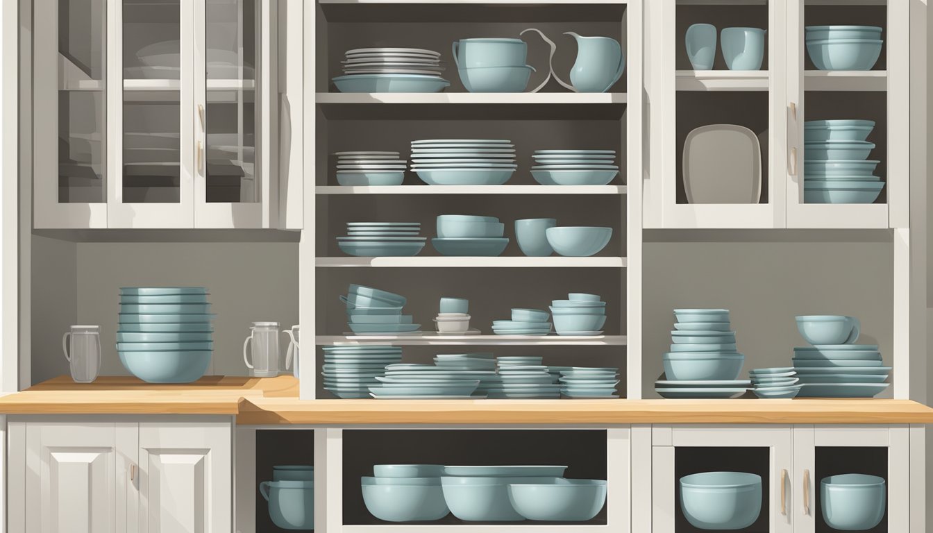 The kitchen cupboards are neatly arranged, with various plates, bowls, and glasses neatly stacked inside. The doors are closed, and the handles are visible