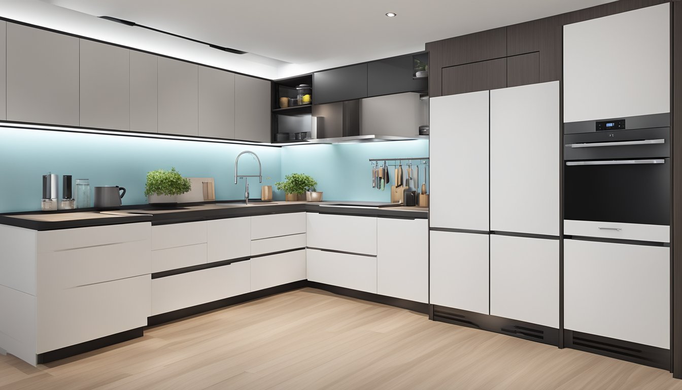 A modern HDB kitchen cabinet with sleek, white, handle-less doors and integrated appliances
