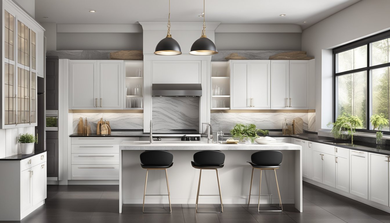 A spacious kitchen with sleek, white cupboards lining the walls. The cabinets feature modern, chrome handles and ample storage space. The countertops are made of luxurious, dark granite, and the room is flooded with natural light from large windows